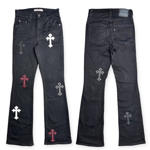 Levi's | W25 L30 | Black Chrome Hearts Inspired 725 High Rise Bootcut Jeans - Picture 1 of 9